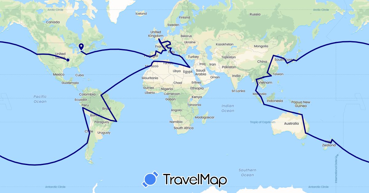 TravelMap itinerary: driving in Australia, Brazil, Switzerland, Chile, China, Germany, Egypt, Spain, France, United Kingdom, Greece, Guyana, Indonesia, Italy, Japan, South Korea, Luxembourg, Morocco, New Zealand, Peru, Portugal, Singapore, Thailand, United States, Vietnam (Africa, Asia, Europe, North America, Oceania, South America)