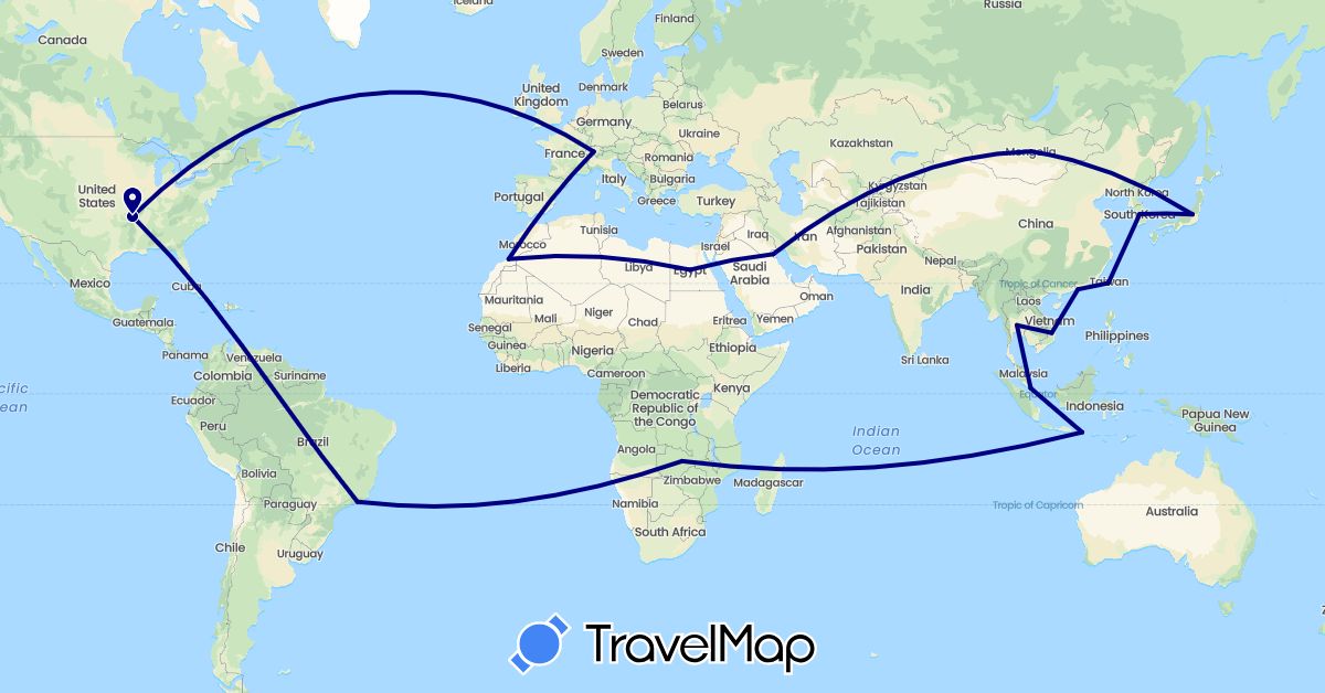 TravelMap itinerary: driving in Brazil, Switzerland, China, Egypt, Indonesia, Japan, South Korea, Kuwait, Morocco, Mongolia, Singapore, Thailand, Taiwan, United States, Vietnam, Zambia (Africa, Asia, Europe, North America, South America)
